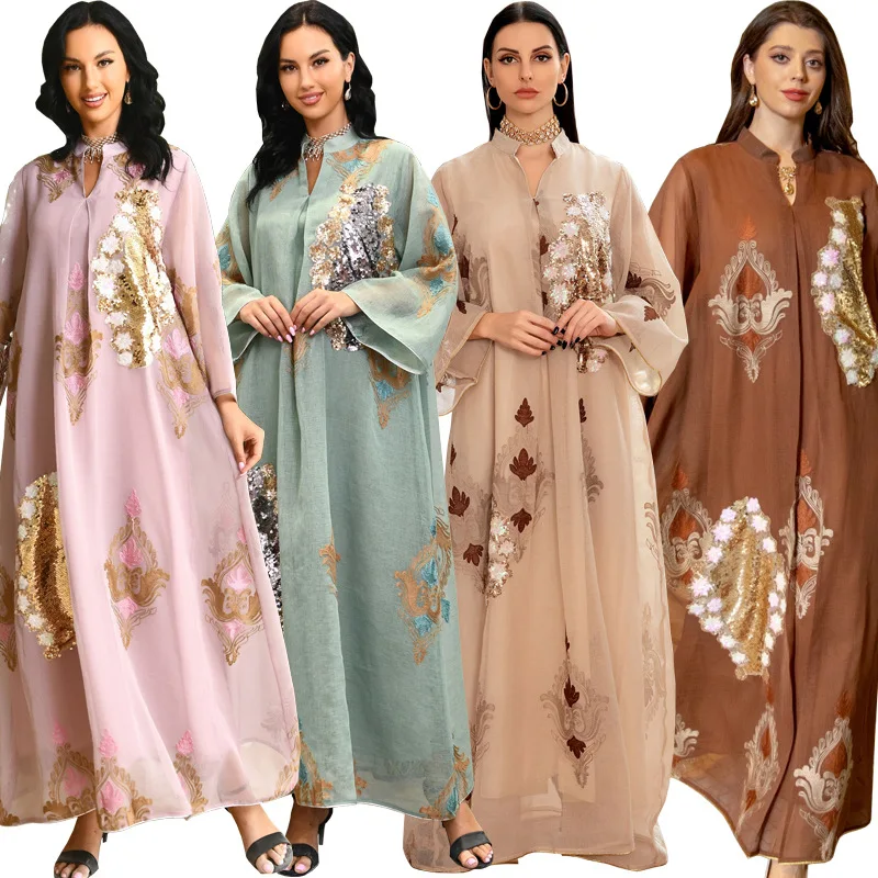 Fashion Muslim Moroccan Caftan Dubai Abaya Dress Chic Sequins Embroider Notched Stand Collar Evening Party Robe Women