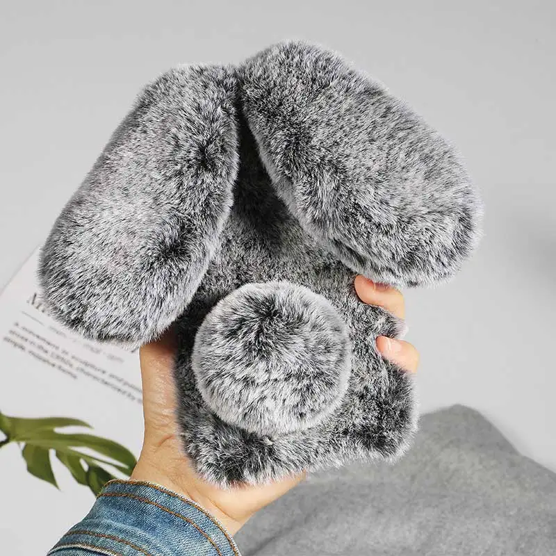 Rabbit Ears Warm Fluffy Diamond Phone Case with Fur Back
