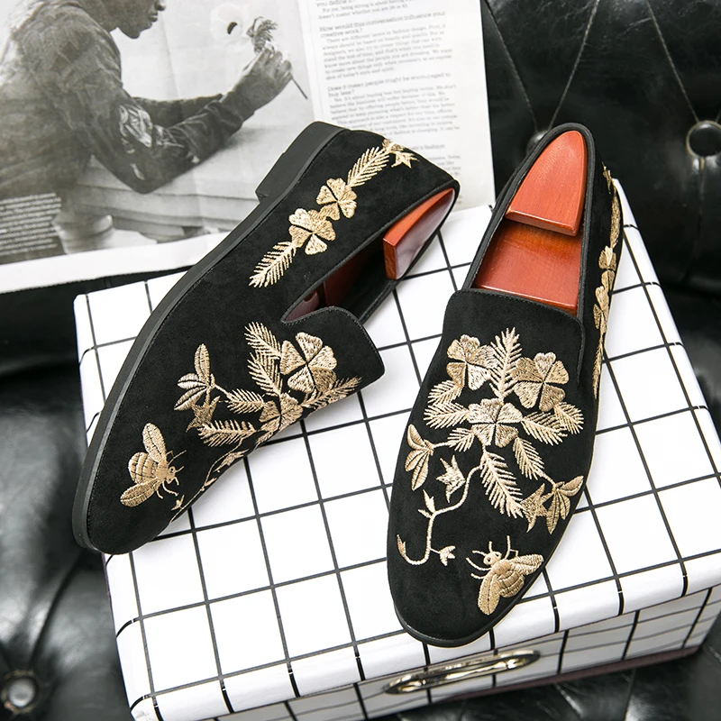 New Loafers for Men Flock Embroider Black Casual Shoes Slip-On Breathable Handmade Free Shipping Mens Dress Shoes Size 38-48 - 5