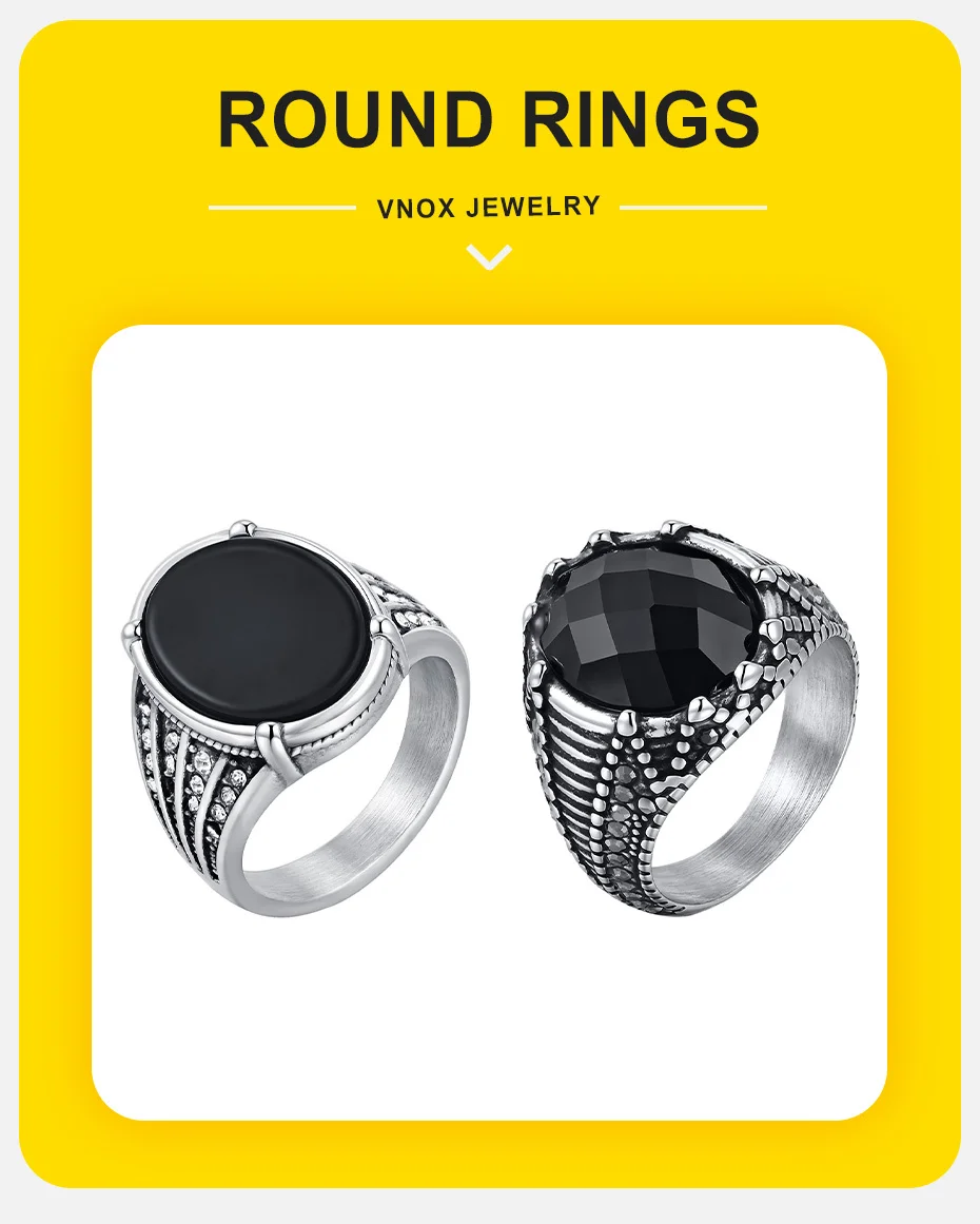 Vnox Rock Punk Stilvolle Edelstahlringe für Männer, Onyx Stein Schwarz Glas Option Ring, Party Hochzeit Modeschmuck Geschenk Neu – Detail 2