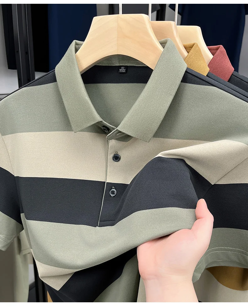 High end fashion men short sleeve polo shirt summer trend stripe men's wear middle-age business casual breathable lapel T-shirt 26 S76e5e8f5479e4c3fa49dfa8ef154f79bz