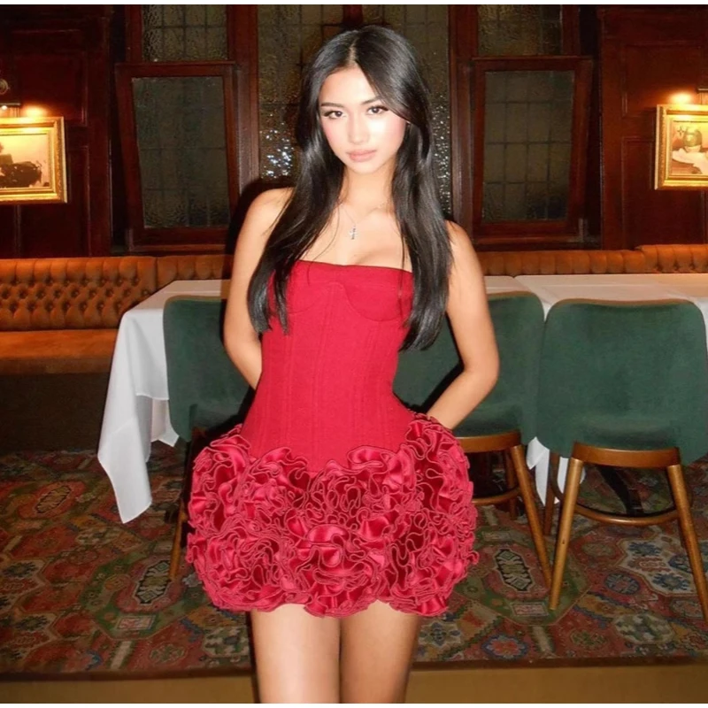 Conjunto de falda y top de tubo con flores 3D rojas navideñas para mujer, falda corta con estampado floral y vendaje ajustable, ideal para fiestas.
