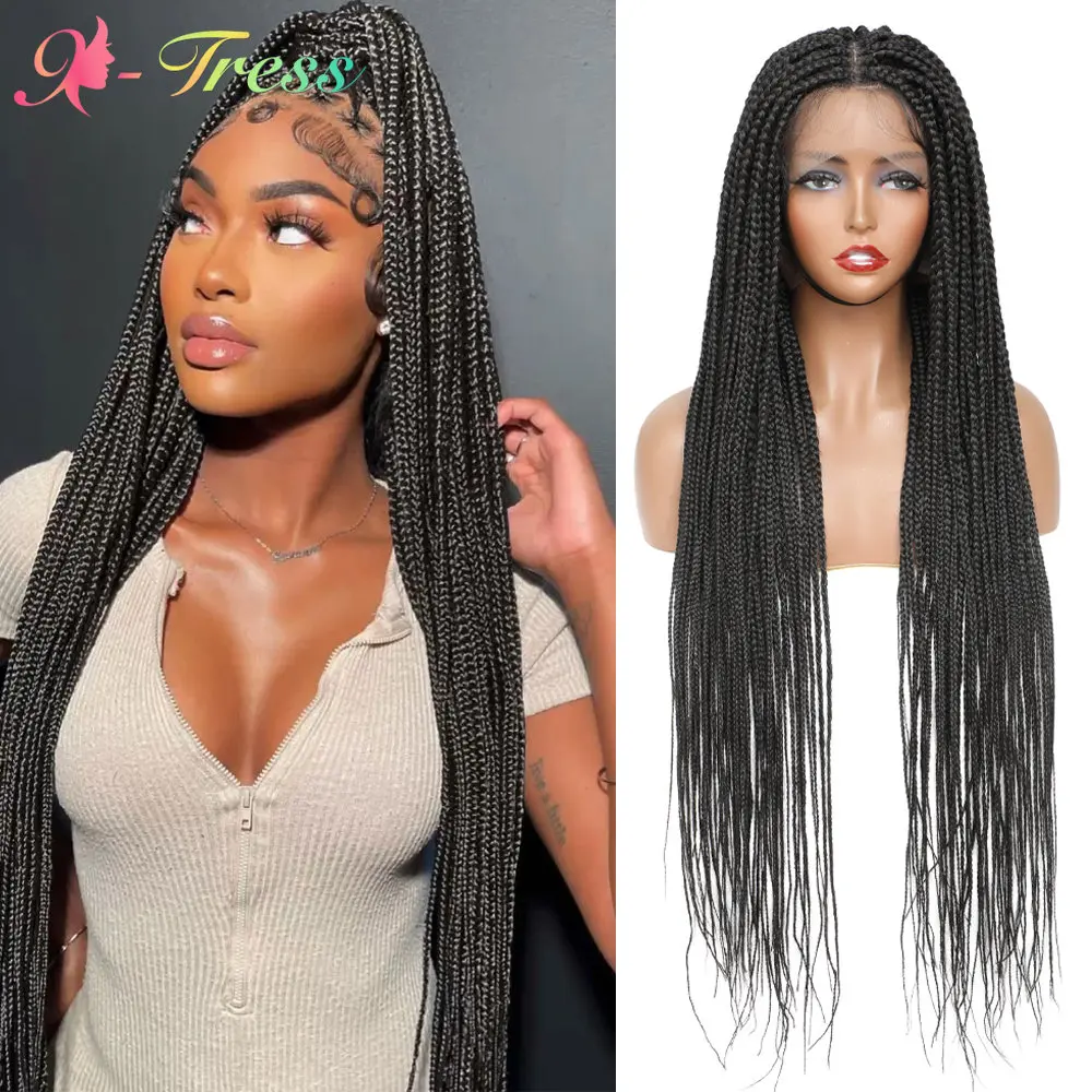 X-TRESS 32inch Full Lace Front Knotless Box Braided Wigs For Black Women Super Long Straight Synthetic Braids Wig With Baby Hair