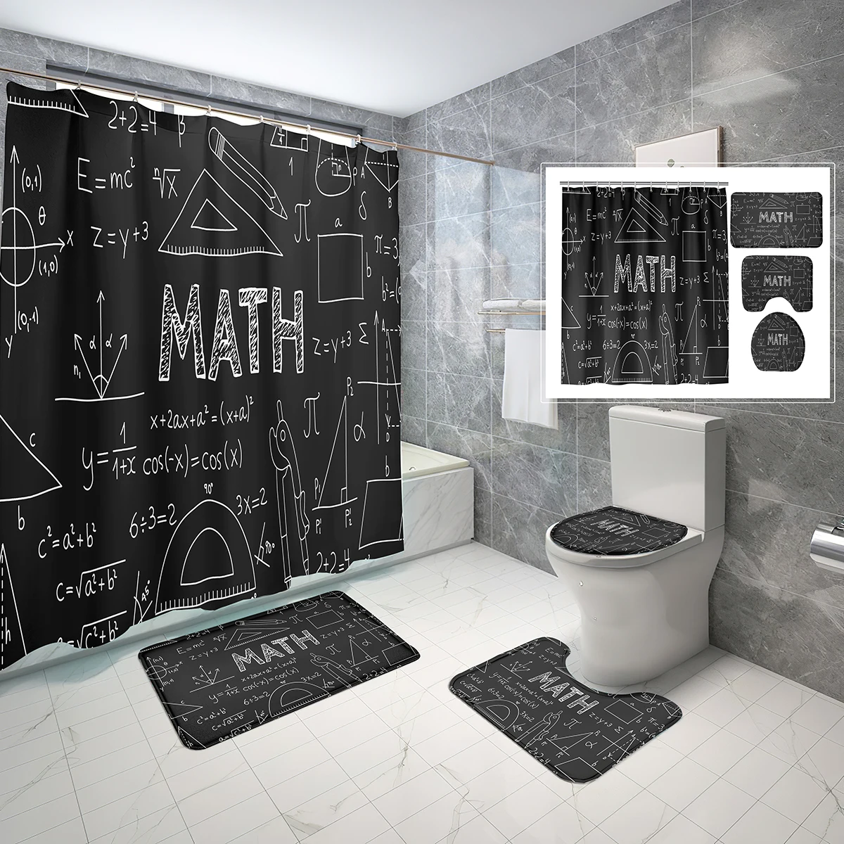 

4pcs Waterproof Shower Curtain Set Handwritten Math Formula Notes Shower Curtain Bathroom Non-Slip Rug Toilet Cover Mat Decor