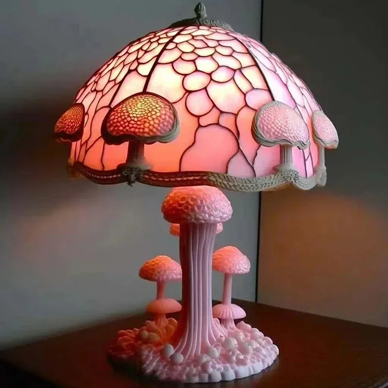 

Colorful Flower Mushroom Creative Table Night Lamp Retro Stained Glass Plant Series Table Lamps Bedroom Bedside Atmosphere Light