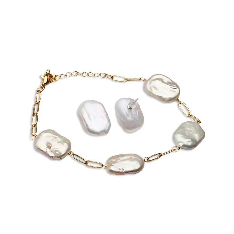 

925 Sterling Silver Pearl Earrings Sets,Natural Baroque Pearl Bracelet Earrings Set,Gold Plated Bracelet For Women