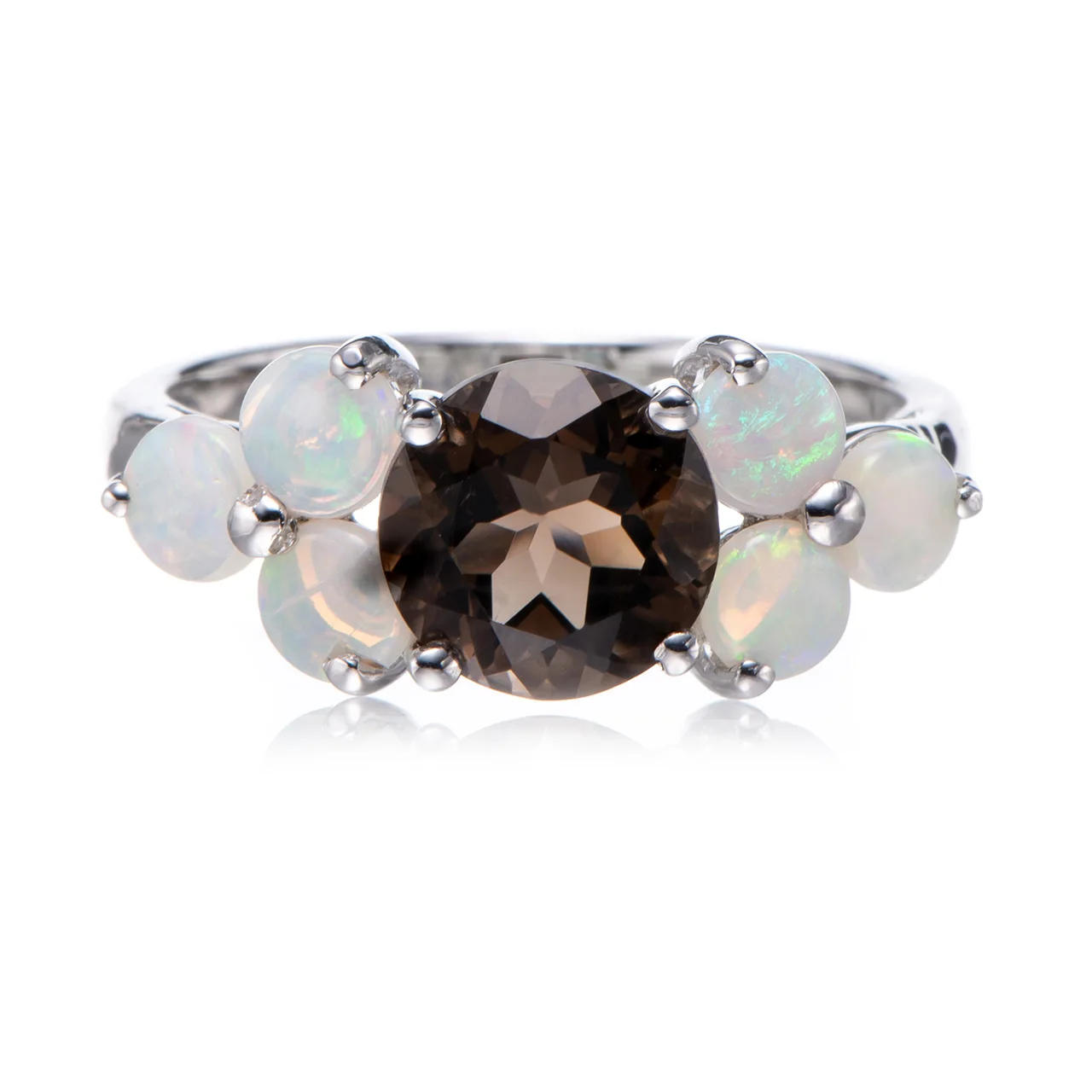 

8mm Smoky Quartz and Opal Rhodium Over Sterling Silver Ring
