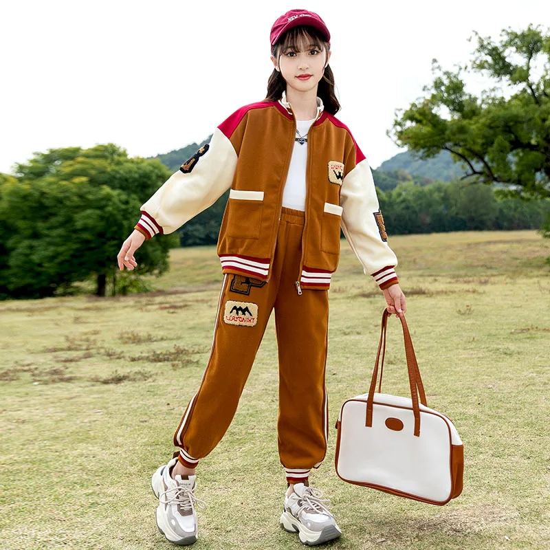 

Spring and Autumn Patchwork Casual Children's Sets 4-16Y Girls Zipper Jacket Sports Pants Two Piece Set