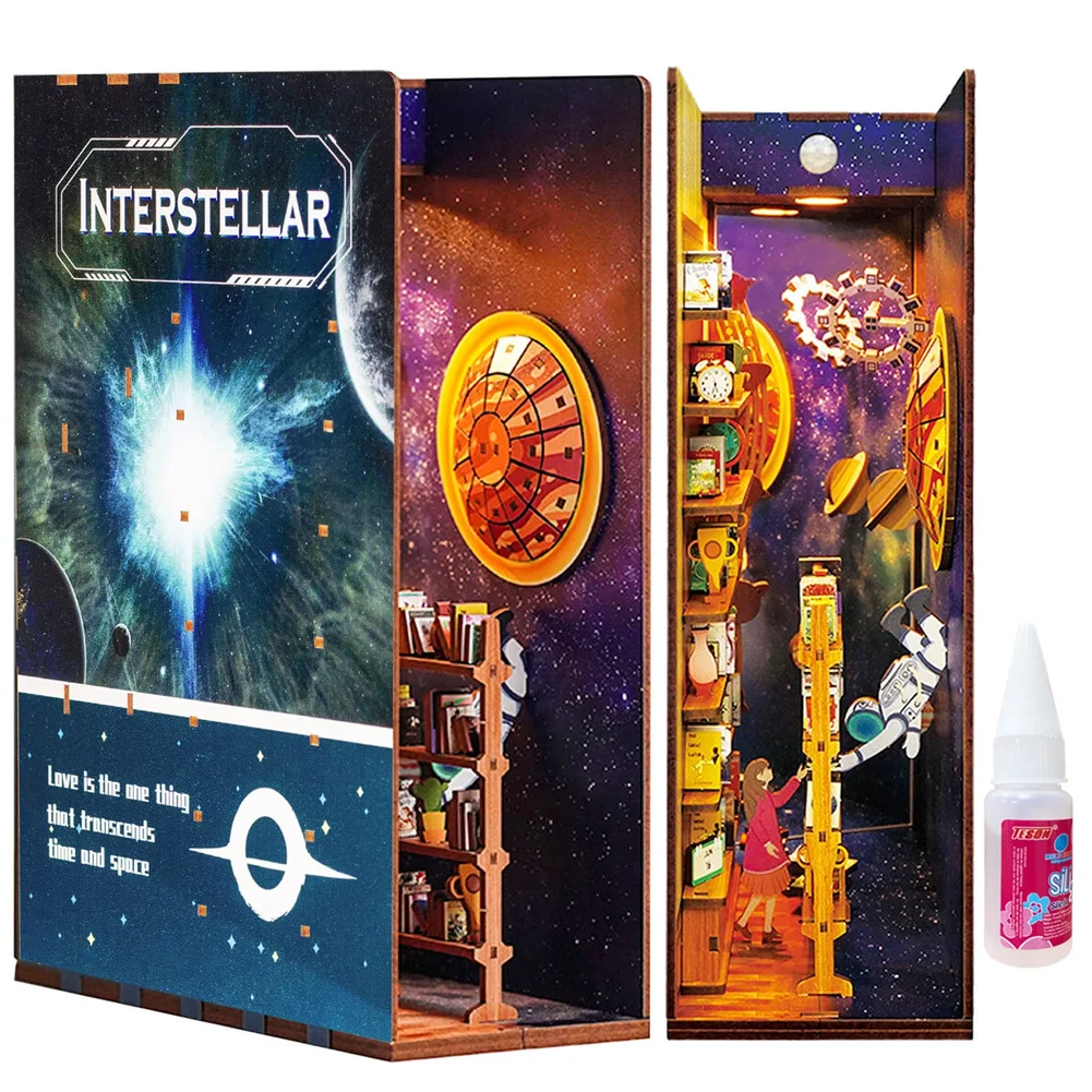 Kit Angolo Libro Fai Da Te THRIVINGIVAN - Modellino 3D In Legno Con Luci LED A Sensore Per Libreria - Fermalibri Decorativo - 4