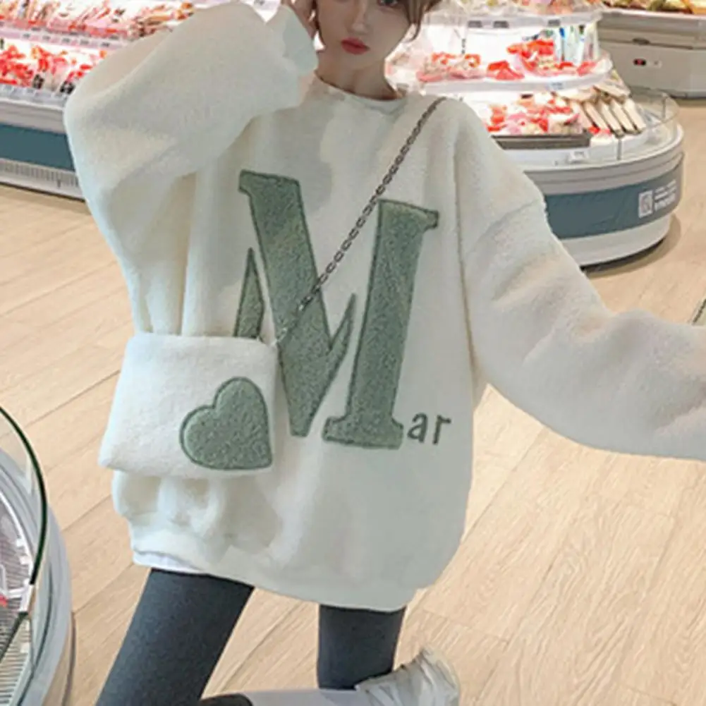 

Loose Fit Sweatshirt Cozy Women's Fall Winter Sweatshirt Plush Letter Pattern Loose Fit Soft Warm Long Sleeve Mid Length Top