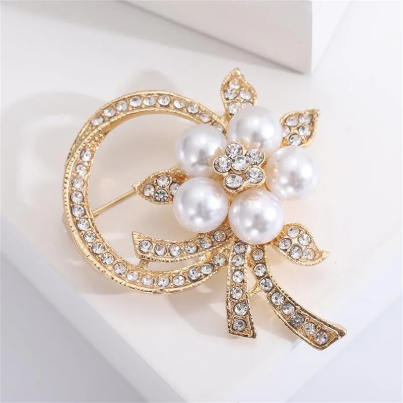 Women's Brooches Imitation Pearl Flower Rhinestone Double Layer Love Heart Pins