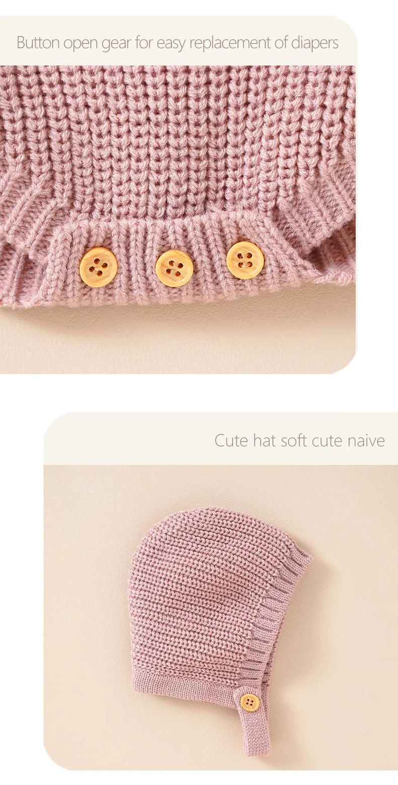 Autumn Baby Bodysuits Clothes Winter Solid Long Sleeve Knit Newborn Boys Girls Onesie Hats Outfits 0-18m Infant Netural Costumes