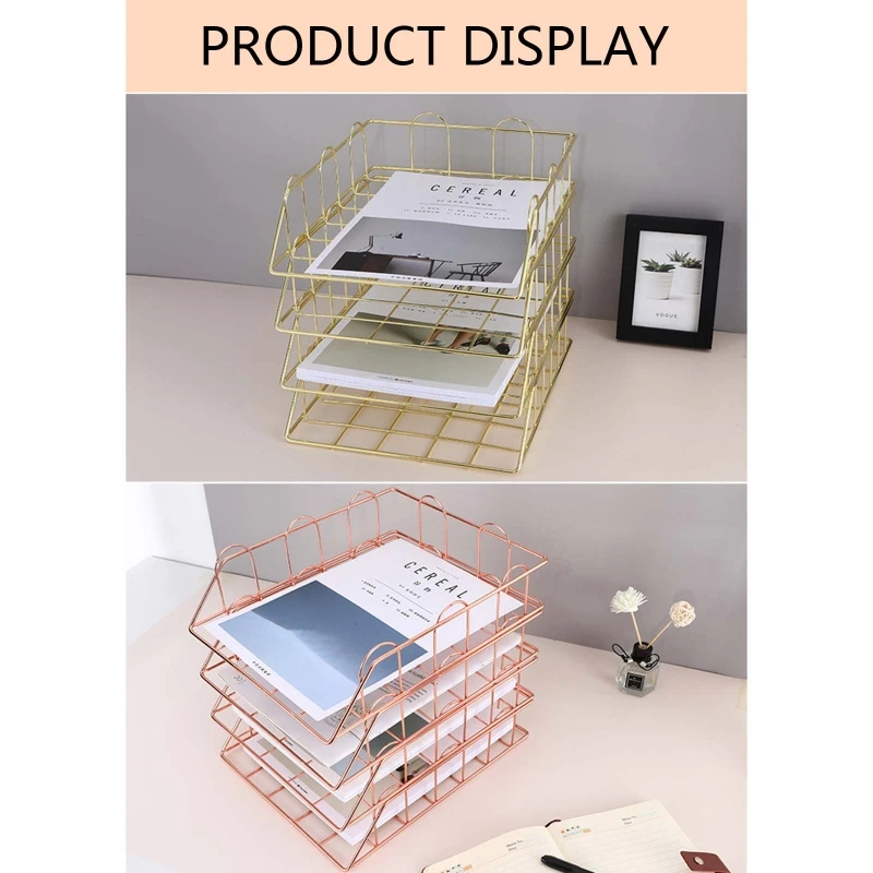 Multifunctional Stackable Paper Tray Desk File Organizer Desk Ornaments Rose Gold Golden for Office Home School Drop Shipping office file box desktop a4 document organizer stackable laminated papers rack all purpose bathroom storage tray for home