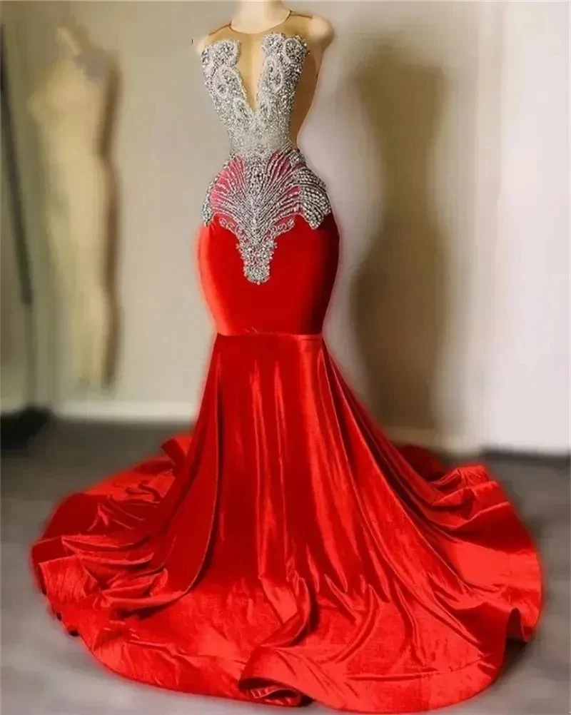 

Sparkly Red Satin Mermaid Prom Dress 2024 Beading Sheer Neck Plus Size Sexy Graduation Party Dress Robe De Bal Formal YD