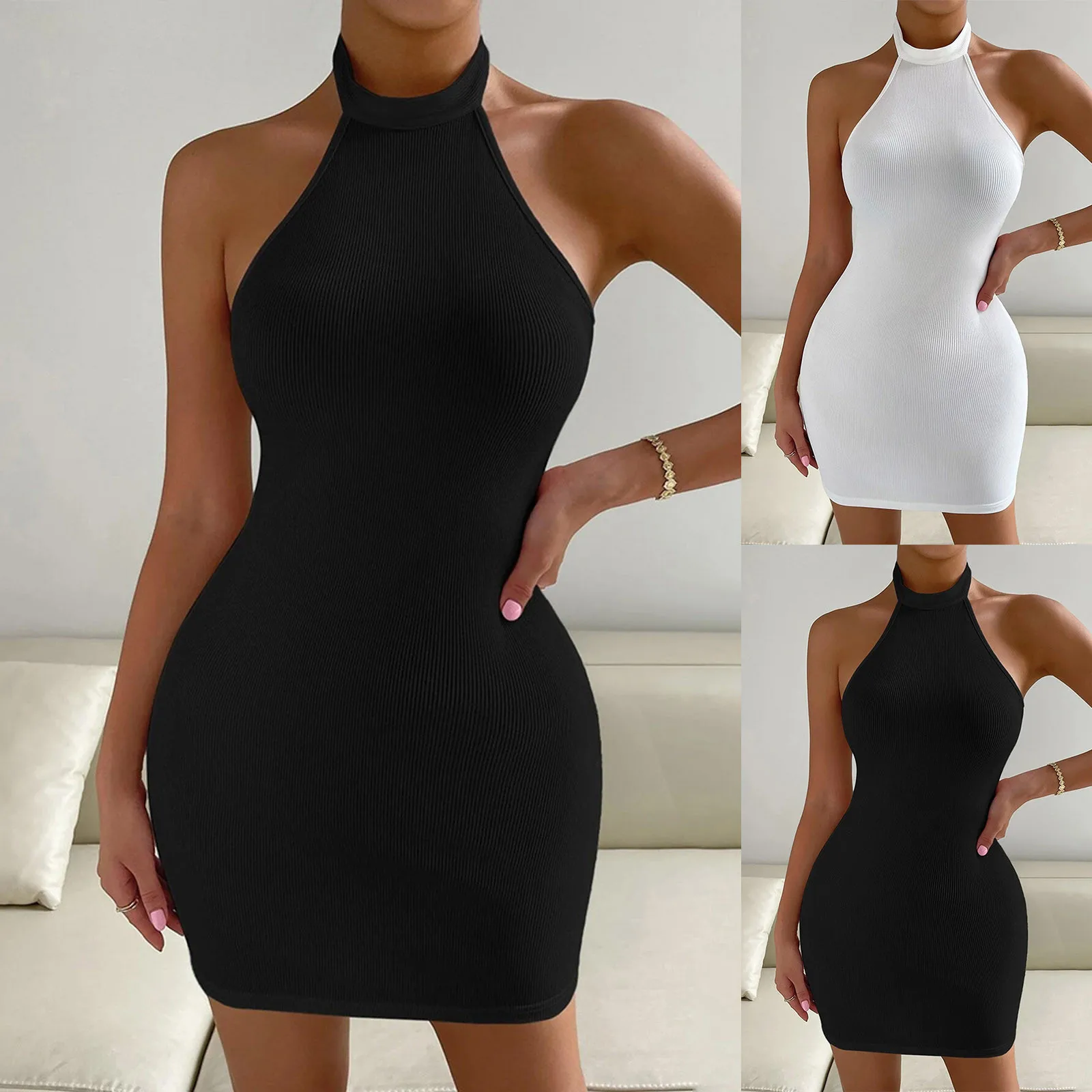 

Летнее мини-платье с лямкой на шее, женское повседневное короткое платье-трапеция без рукавов с открытыми плечами и дымчатым многоярусным рисунком, женская одежда, 2023