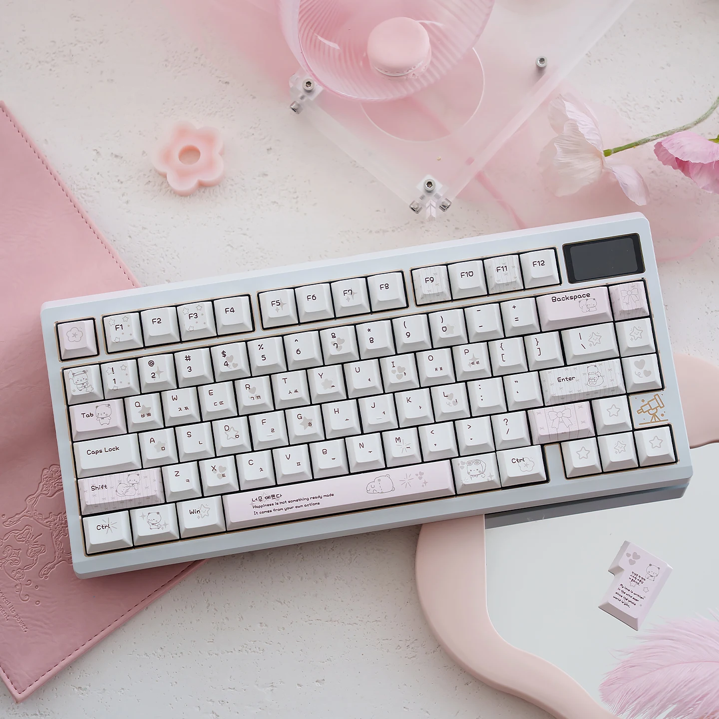 Adorable White & Pink Bubu-Bear Korean Hangul Cherry Profile PBT Keycaps for Custom Mechanical Keyboards