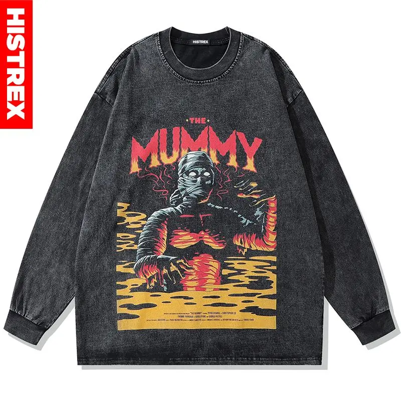 

Mummy Sweatshirt Men,Gothic Vintage Streetwear Pullover,Hip Hop Long Sleeve Washed Tee,100% Cotton Tops,Y2K Oversized T Shirt