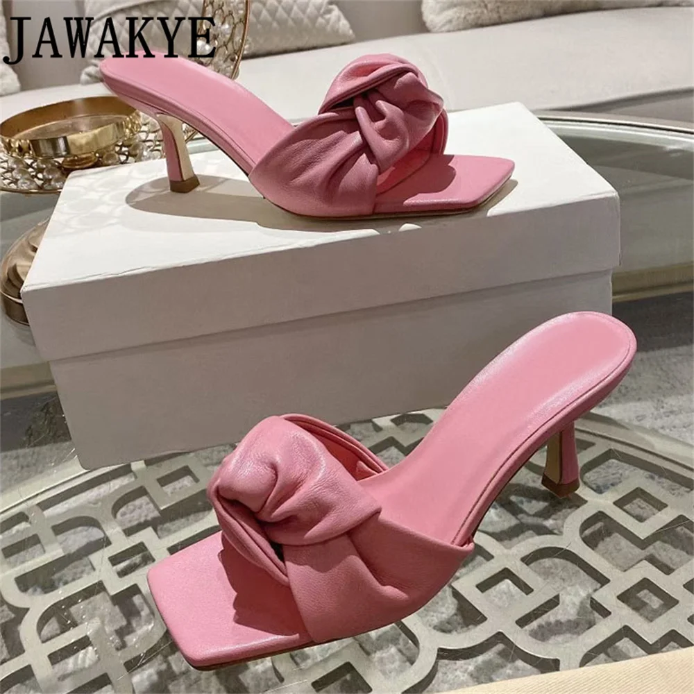 

Elegant Ladies Summer High Heel Slides Braid Leather Formal Slippers Square Open Toe Women's Summer Shoes 2023