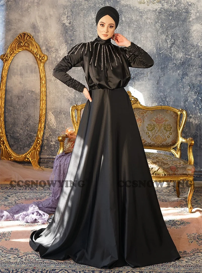 

Black Satin Beaded Muslim Evening Dress Islamic Long Sleeve Hijab Formal Party Gown Women Arabic Dubai Moroccan Caftan