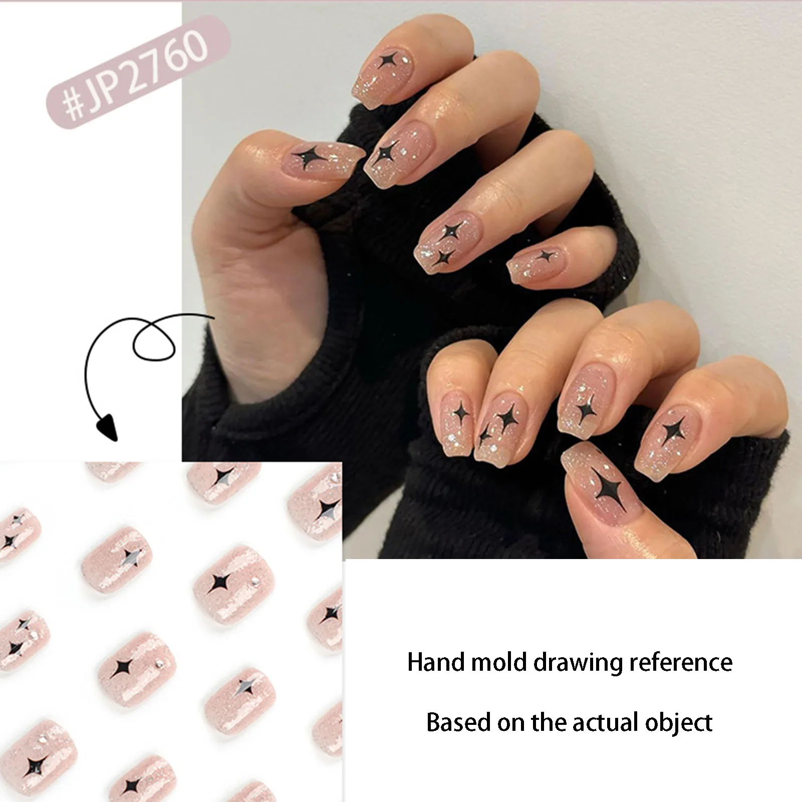 Pink Star Print Fake Nails: Long-Lasting, Waterproof False Nails for Stage Performance - Image 2