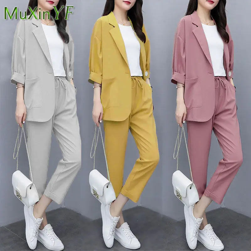 Women's Summer Loose Thin Blazer Coat Pants Two Piece 2024 Spring Korean Elegant New Casual Suit  Jacket Trousers Matching Set live shot jeans women s baby blue trousers commute summer thin vertical straight wide leg pants