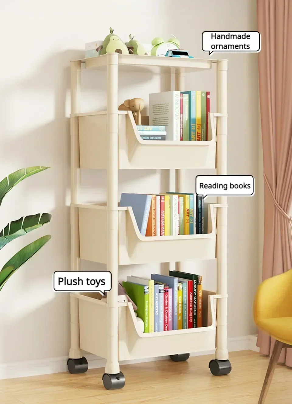 Description Picture 5 of itemPortable Trolley Bookshelf Creative Kitchen Storage Rack Living Room Mobile Display Cabinet Corner Movable Bookshelf With Wheels