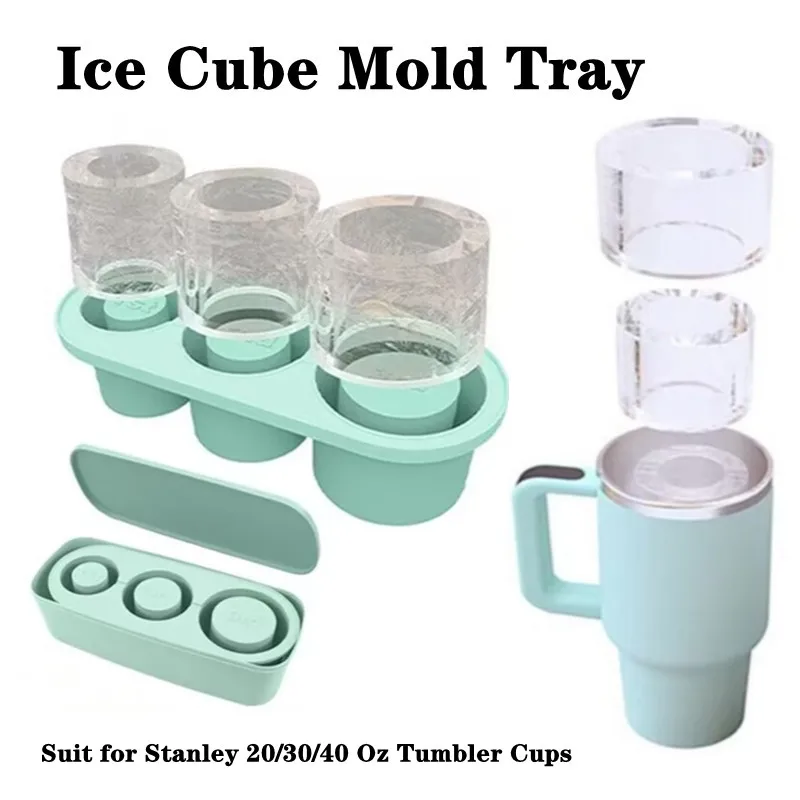 3-Grid Ice Cube Tray For Stanley 30/40 Oz Tumbler Cups Reusable Cylinder Silicone Ice Cube Molds With Lid For Drink Juice Coffee 1