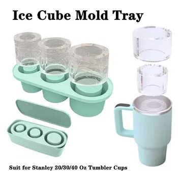 3-Grid Ice Cube Tray For Stanley 30/40 Oz Tumbler Cups Reusable Cylinder Silicone Ice Cube Molds With Lid For Drink Juice Coffee 1