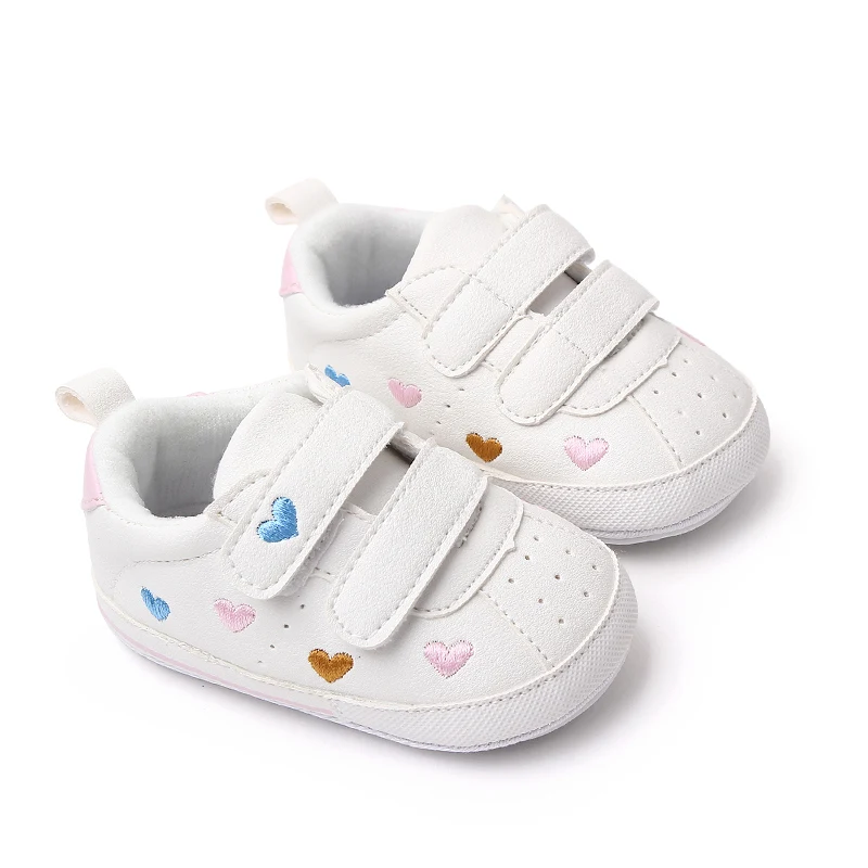 Baby White PU Sneaker Non-slip for Toddler Boys and Girls Cute Embroidery Stars and Hearts 6