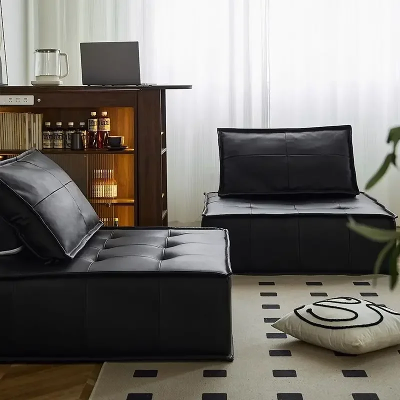 Minimalist Italian Leather Sofa Single Seat Black Modular Sofa with High Backrest Original Piemonte Leather Design Living Room