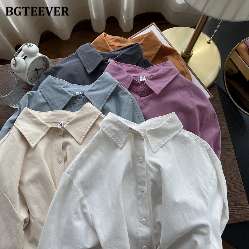 

BGTEEVER Stylish Thick Cotton Shirts for Women Spring Autumn Long Sleeve Lapel Loose Women Blouses Tops