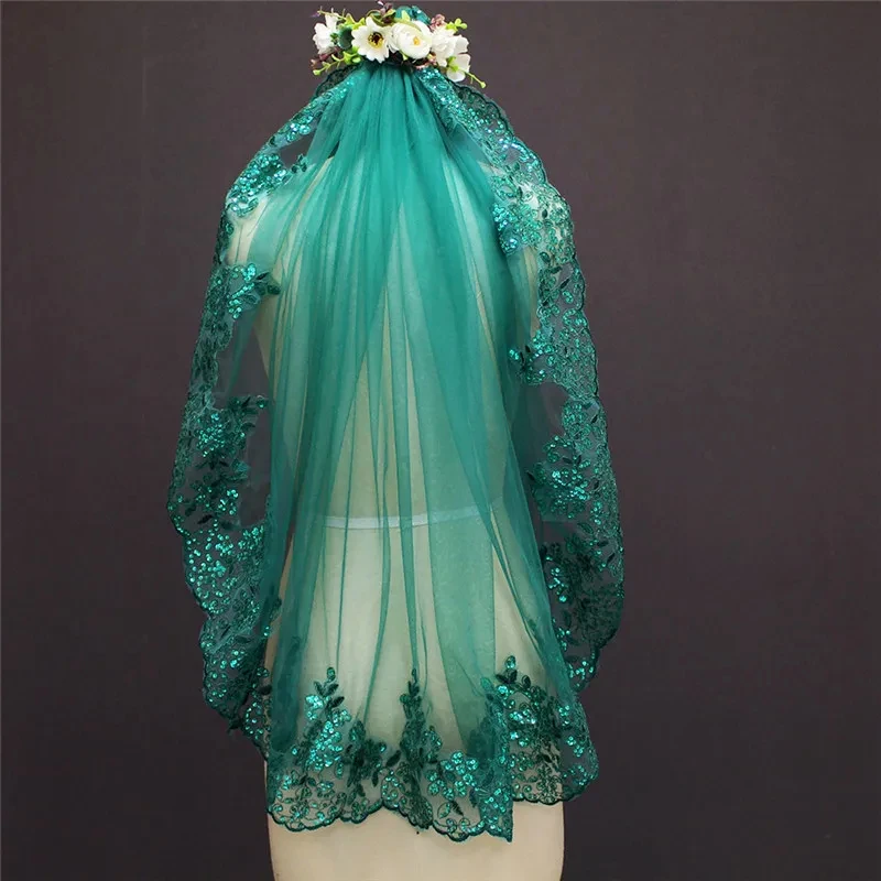 

New 0.9 Meters One Layer Lace Edge Green Tulle Wedding Veil With Comb