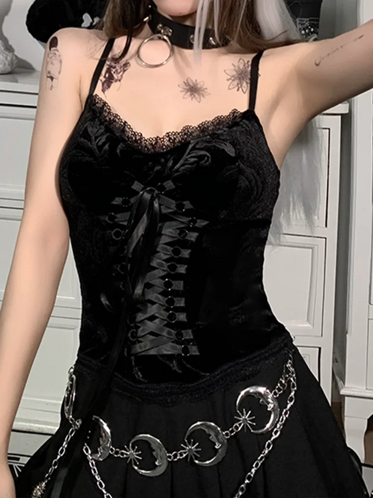 InsGoth Goth Lace-Up Black Camis Vintage Bandage Velvet Corset Tops Gothic  Aethetic Lace Trim Women Sexy Backless Basic Camisole
