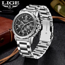 LIGE Quartz Man Watches Stainless Steel Business Fashion Luxury Watch for Men Waterproof Luminous Casual Sport Clock Chronograph