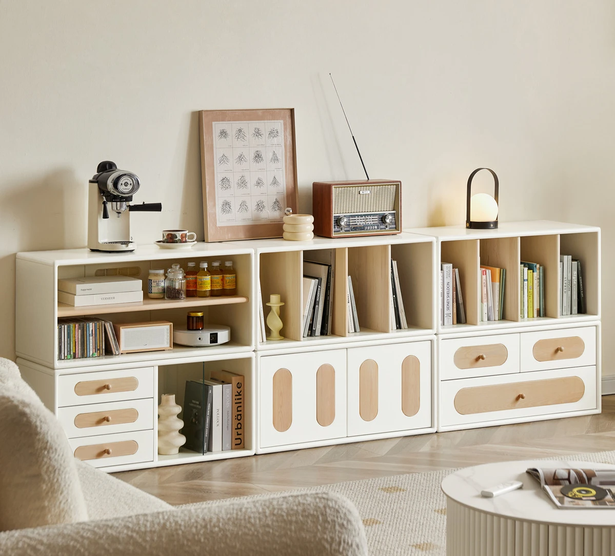 

Solid Wood TV Cabinet White Free Combination Wall Short Cream Style Living Room Display Cabinet