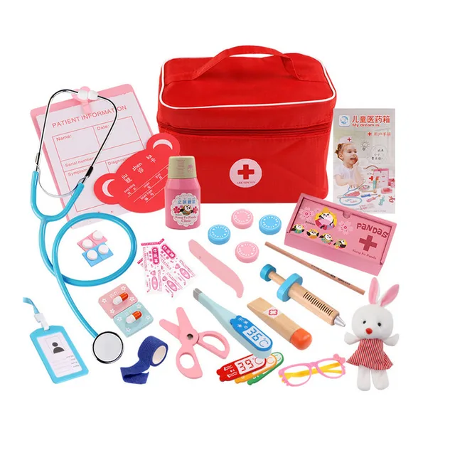 Doctor Toys for Children Set Kids Wooden Pretend Play Kit Games for Girls Boys Red Medical Dentist Medicine Box Cloth Bags 3