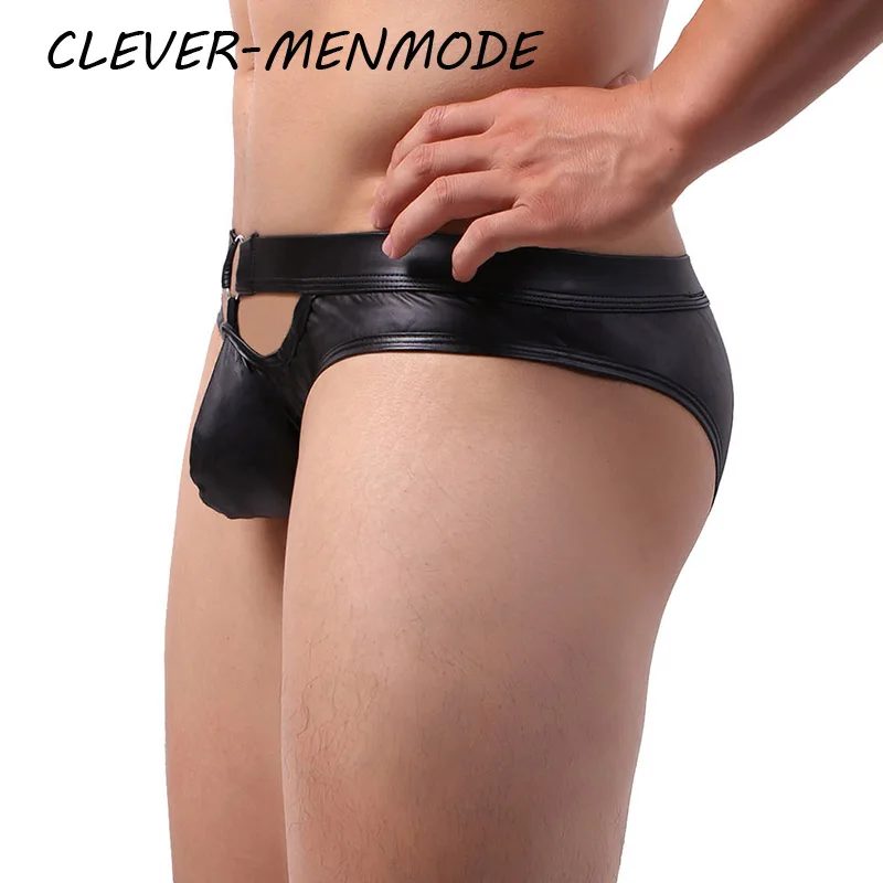 Mens underwear Men's Sexy Lingerie Openwork Sheer PU O Ring Buttock Briefs Faux Leather Mini U Convex Penis Bag Panties Micro Sissy Bikini