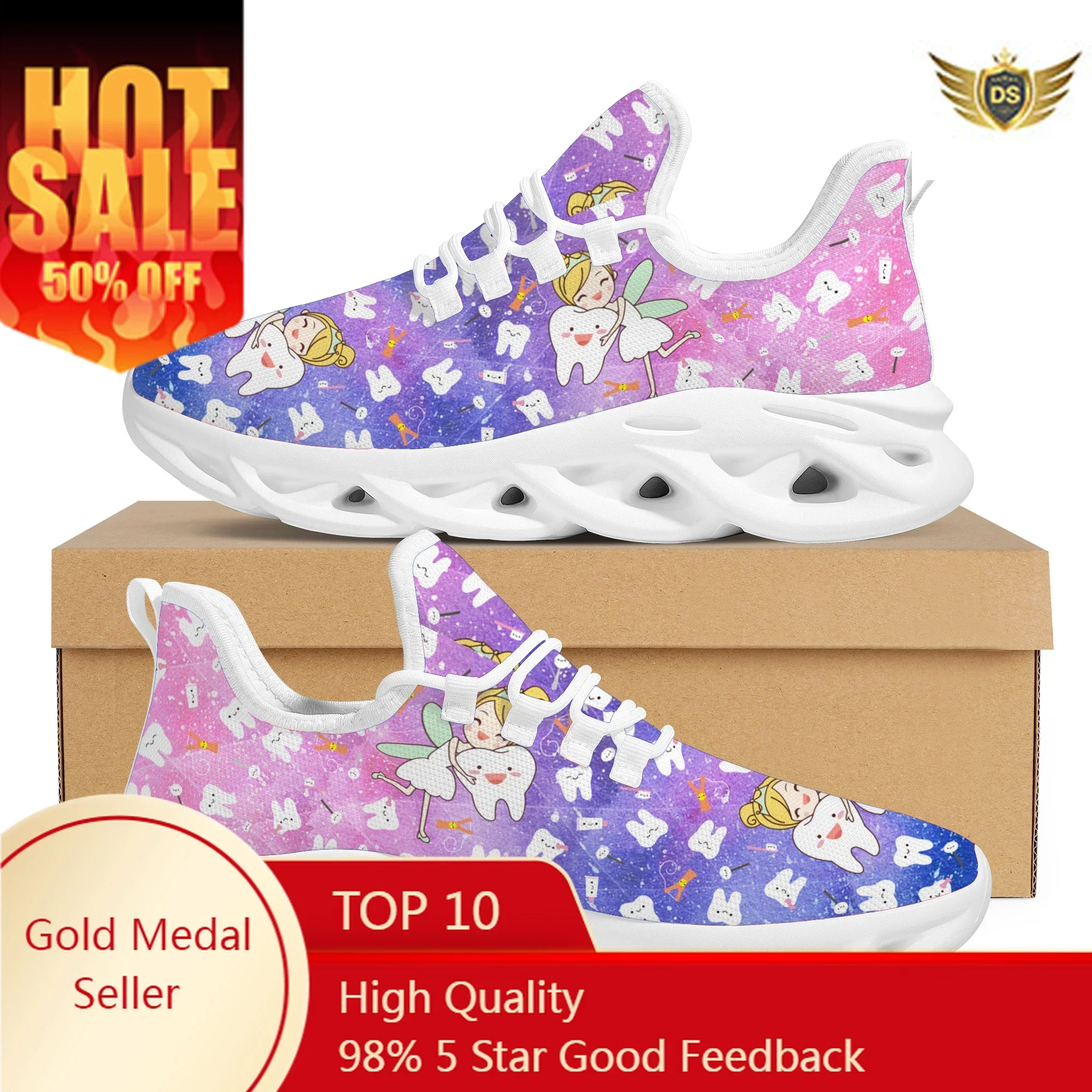 Gradient Tooth Fairy Star Design Nursing Shoes Comfortable New Soft Sole Outdoor Lace Up Sneakers Dental Style Light Mesh Shoes