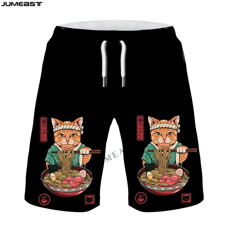 Jumeast Y2k Men Women 3D Printed Hip Hop Japanese Samurai Cat Shorts Trunks Quick Dry Beach Casual Sweatpants Short Pants