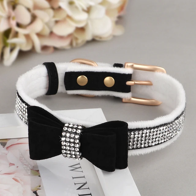 Cute Bowknot Dog Collar Bling Rhinestone Small Dogs Cat Collars Soft Velvet Pet Puppy Necklace Warm Glitter For Dogs Chihuahua 4