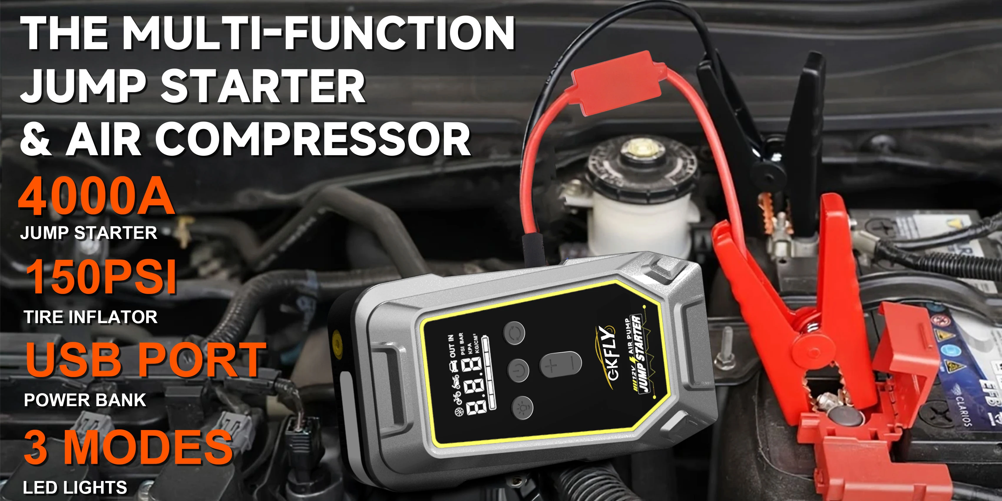 Tragbarer 4000A/7000A Starthilfe mit 150PSI Luftpumpe Powerbank 4-in-1 Luftkompressor Autobatterie-Starter Auto-Reifenfüller – Detail 3