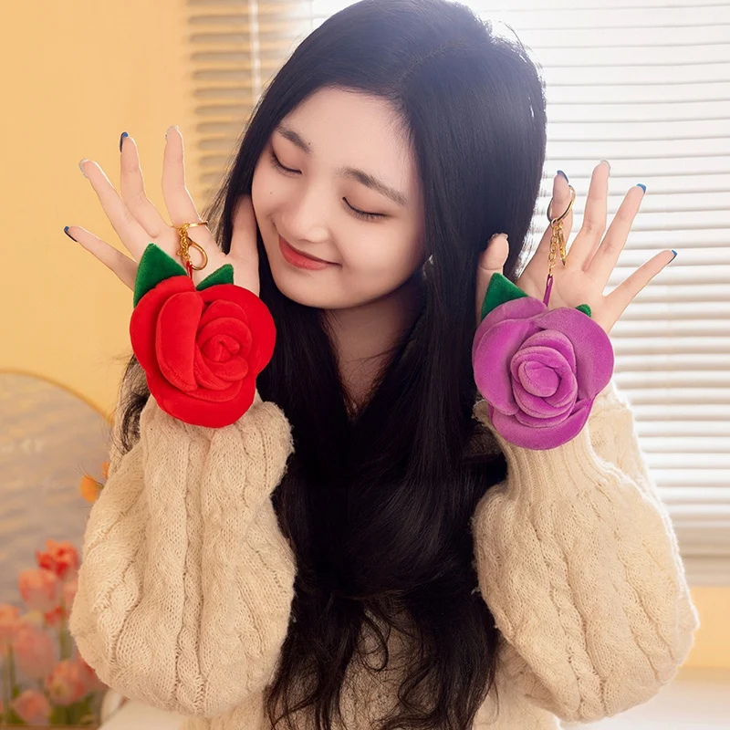 1개 8cm 인공 꽃 장미 플러시 펜던트 장난감 아름다운 장미꽃 가방 키체인 펜던트 인형 여자친구 발렌타인 선물