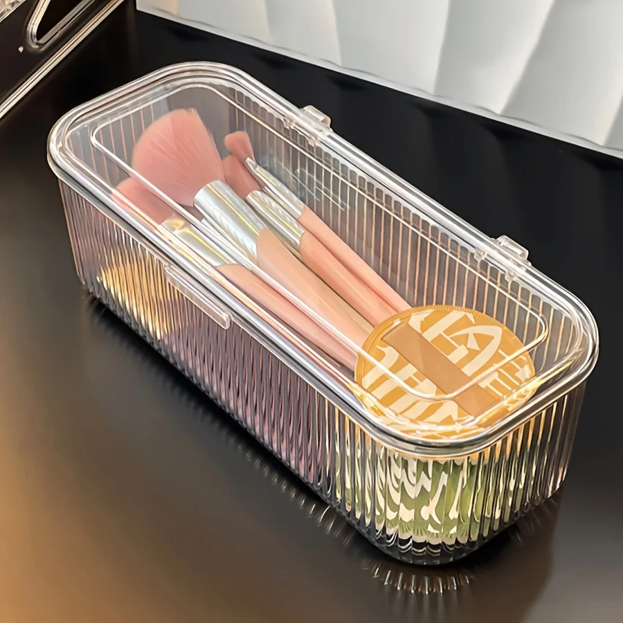 1pc Acrylic Makeup Organizer with Lid - Dustproof Cosmetic Storage Box for Brushes Portable Beauty Sponges & Powder Puffs 6