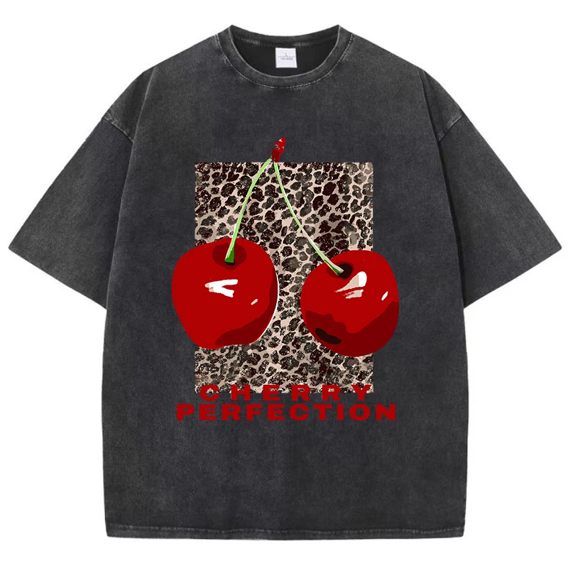 Cherry perfection Washed T Shirt Women Cotton Leopard Prints 1