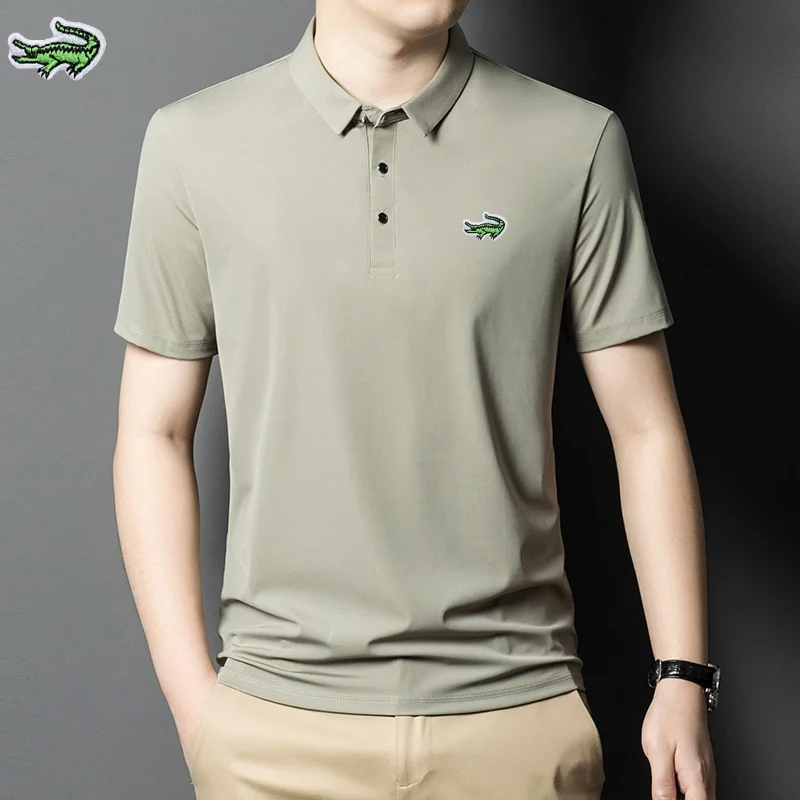 

Camisa polo de seda masculina, camiseta respirável de manga curta, moda lazer negócios verão, esportes ao ar livre, marca de bor