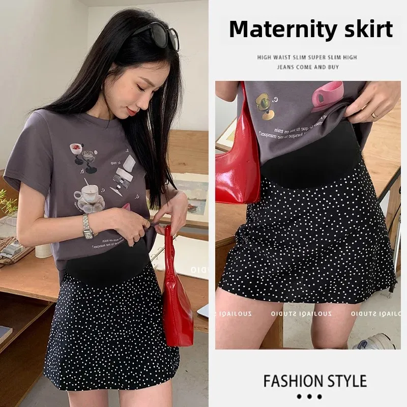 Maternity High Waist Polka Dot A- Line Mini Skirt Summer Korean Style Versatile Sweet Short Skirt for Pregnant Women