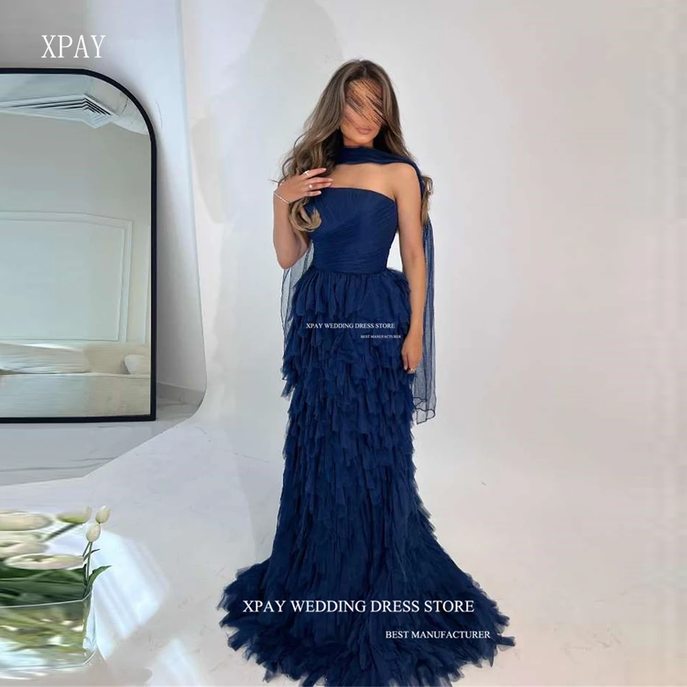 

XPAY Strapless A Line Prom Dresses Tulle Tiered Dubai Arabic Formal Evening Dress Navy Blue Special Occasion Party Gowns