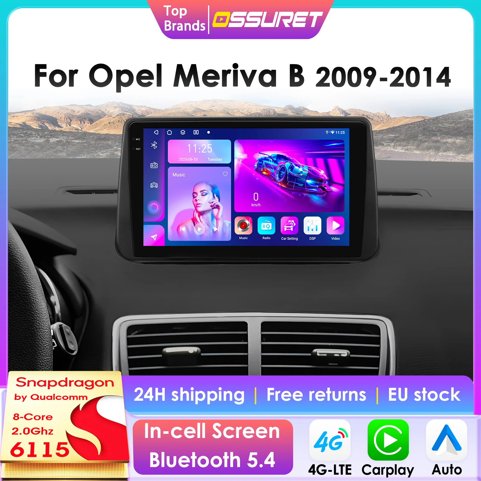 Radio para Auto con CarPlay y Android Auto para Opel Meriva B 2009-2014, Sistema GPS Inteligente, Estéreo Multimedia 2Din, Autoradio 360 ° Cámara 1