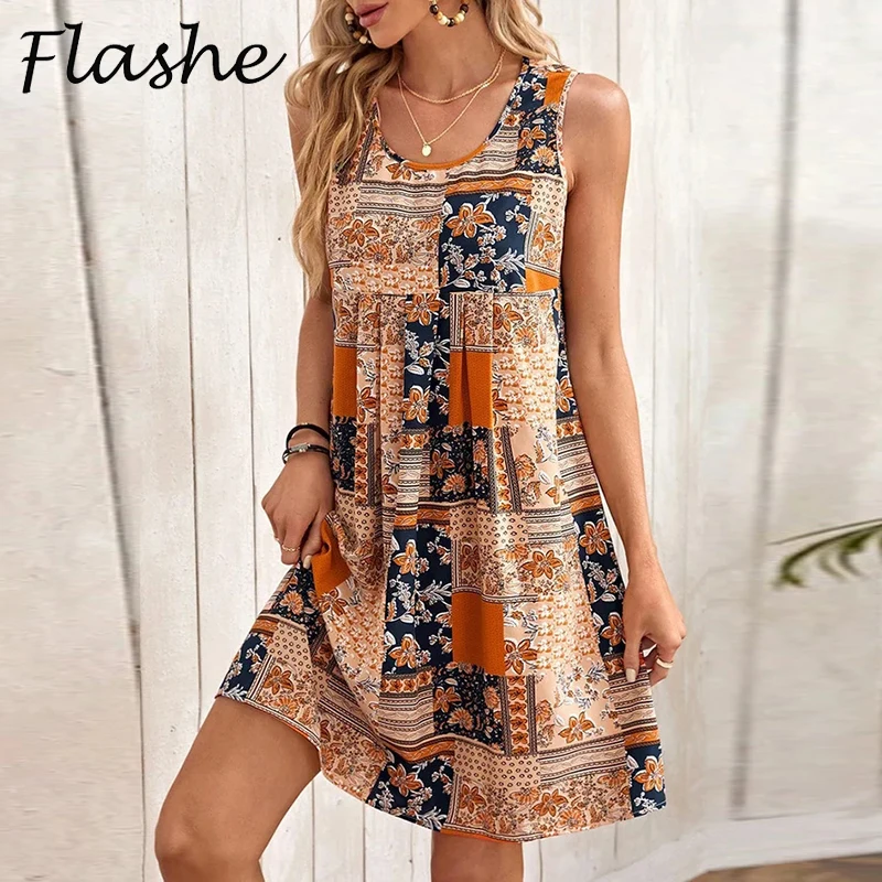 

Vintage Print Mini Dress Women O Neck Sleeveless Casual Beach Holiday Dresses For Women Graphic Print Party Dress Boho