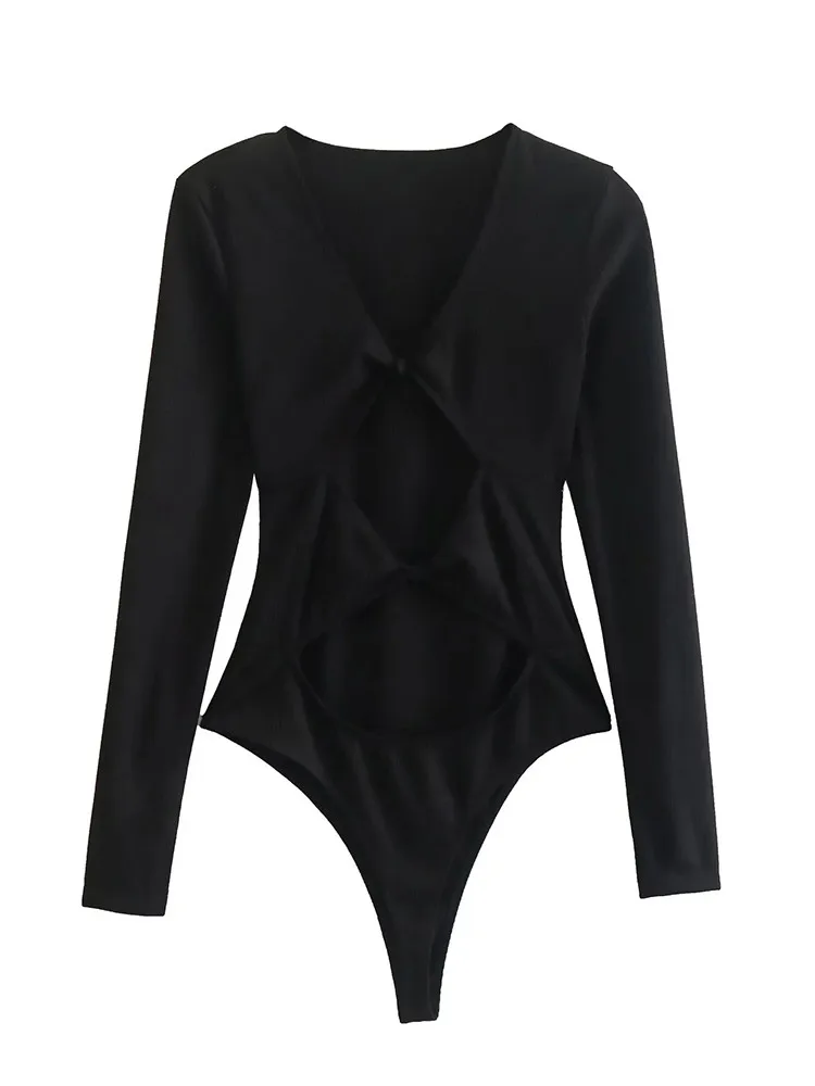ECR Sexy Hollow Out Palysuits For Women V Neck Long Sleeve Solid Slimming High Waist Minimalist Summer Playsuits Female Fashion